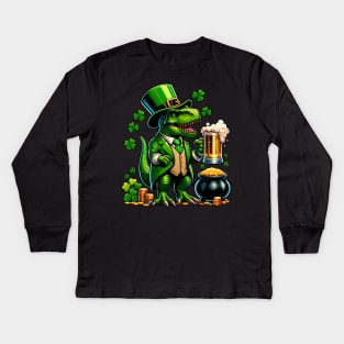 St Patrick's Day Irish T Rex Leprechaun Drinking Beer Kids Long Sleeve T-Shirt